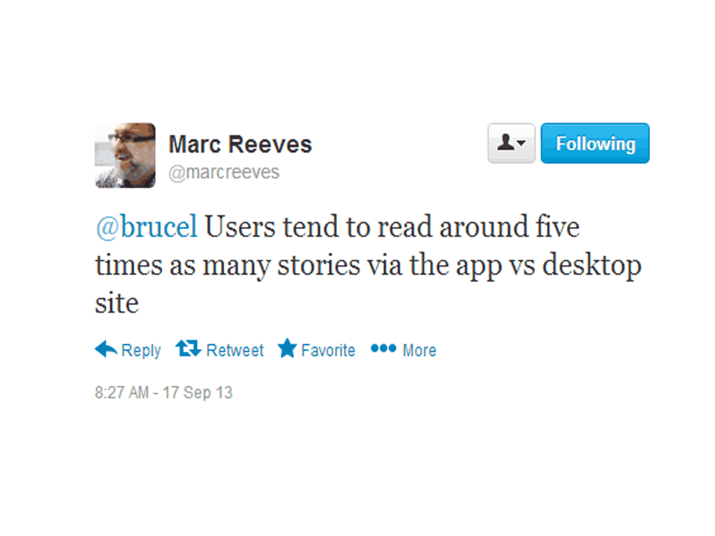 tweet from Marc Reeves 'Users tend to read around five times as many stories via the app vs desktop site'