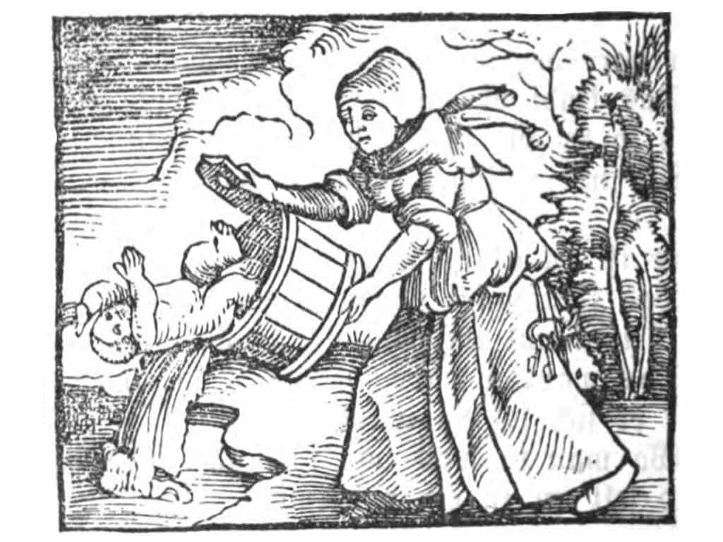 old woodcut of woman throwing baby out with bathwater