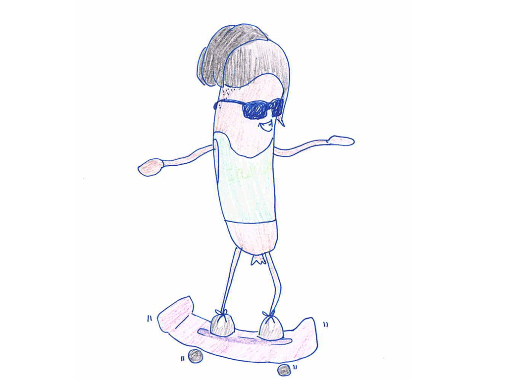 A sausage on a skateboard, wearing casual clothing