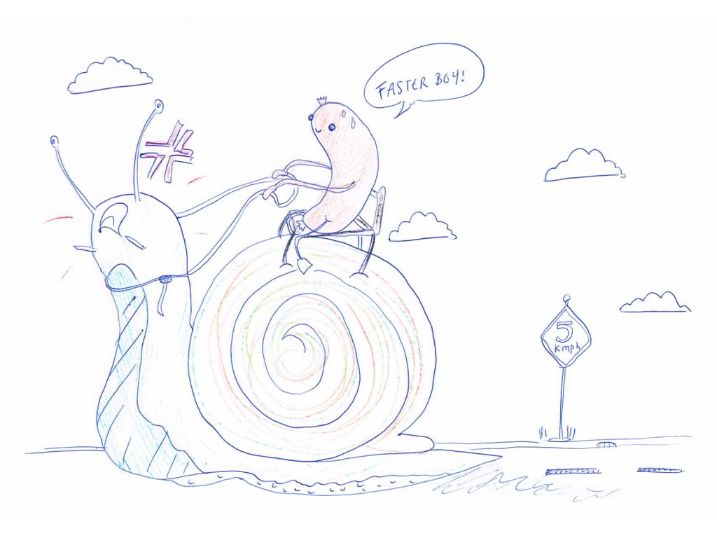 sausage sitting in cart pulled by snail; sign ssays maximum speed 5 kph