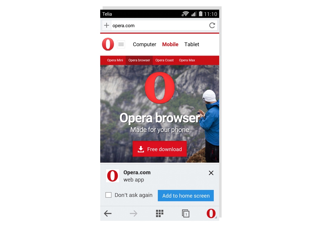 Opera mobile browser with a banner offering to add a site to homescreen