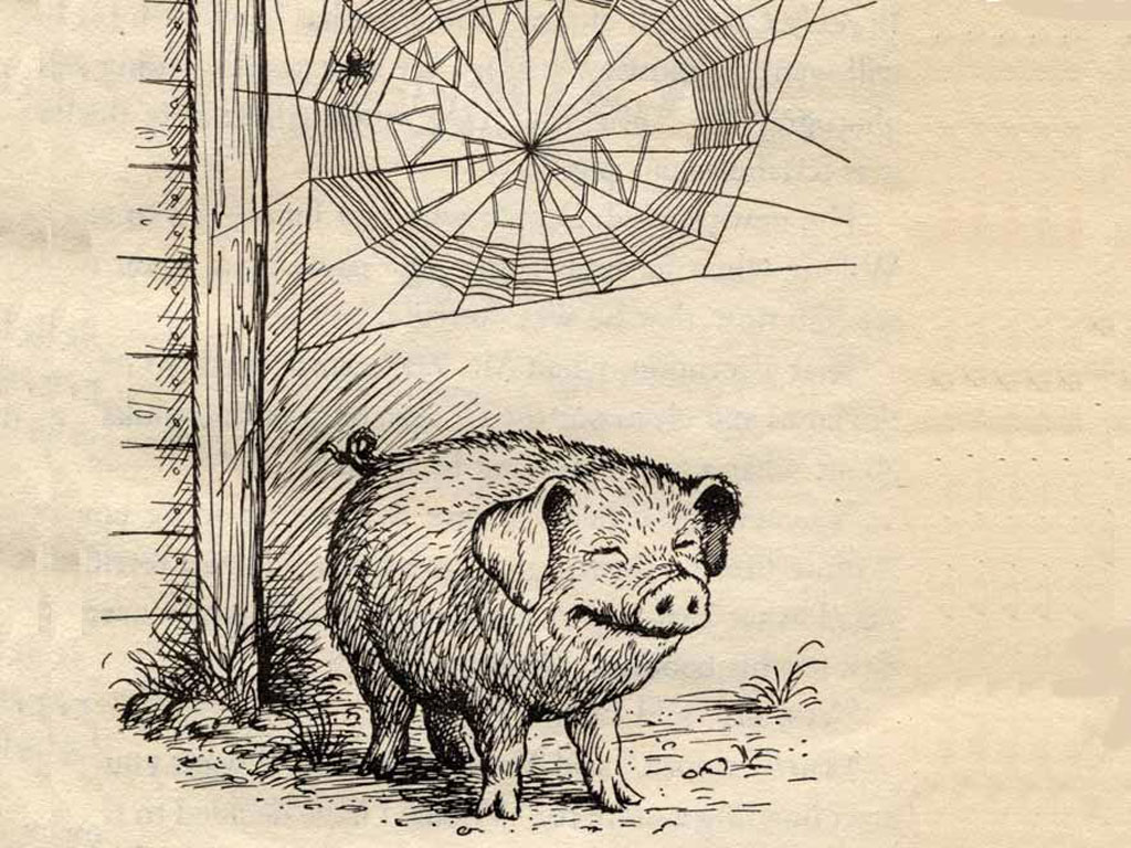doctored illustration of pig from 'charlotte's web' with spider web saying 'mmm bacon'