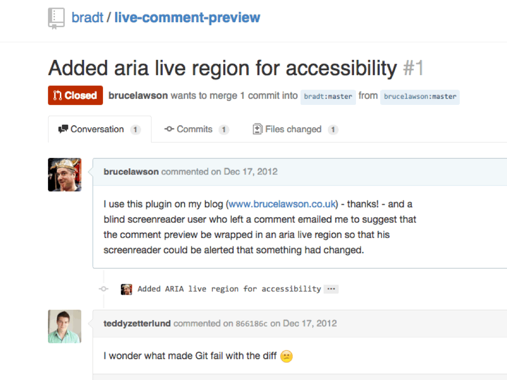github pull request to add live regions to a wordpress plugin