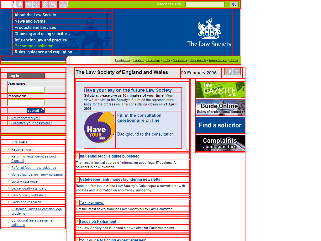 screenshot of ancient version of lawsociety.org.uk with its many layout table cells highlighted