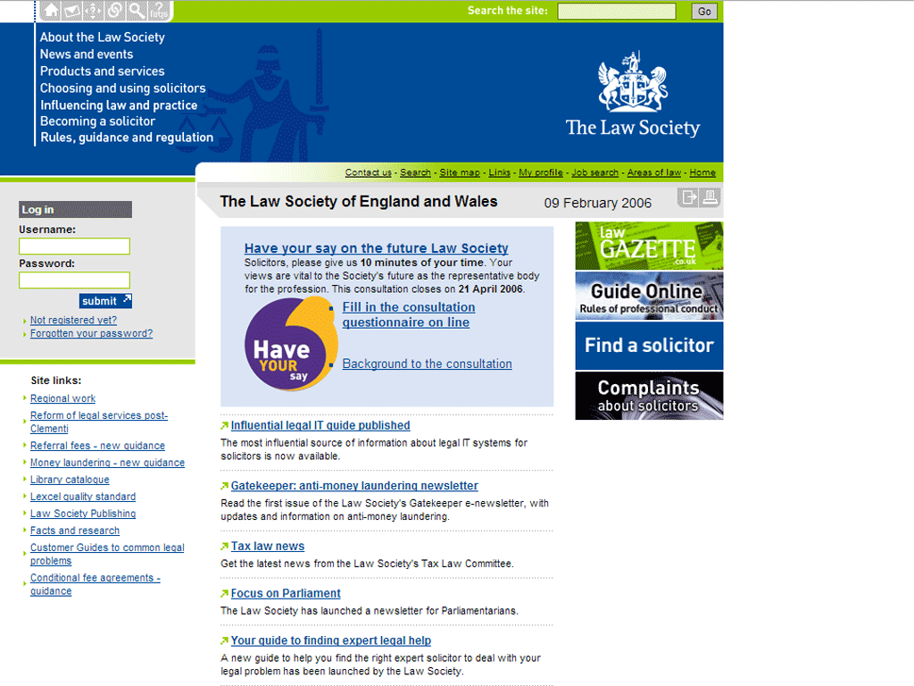 screenshot of ancient version of lawsociety.org.uk with old design, fixed widths