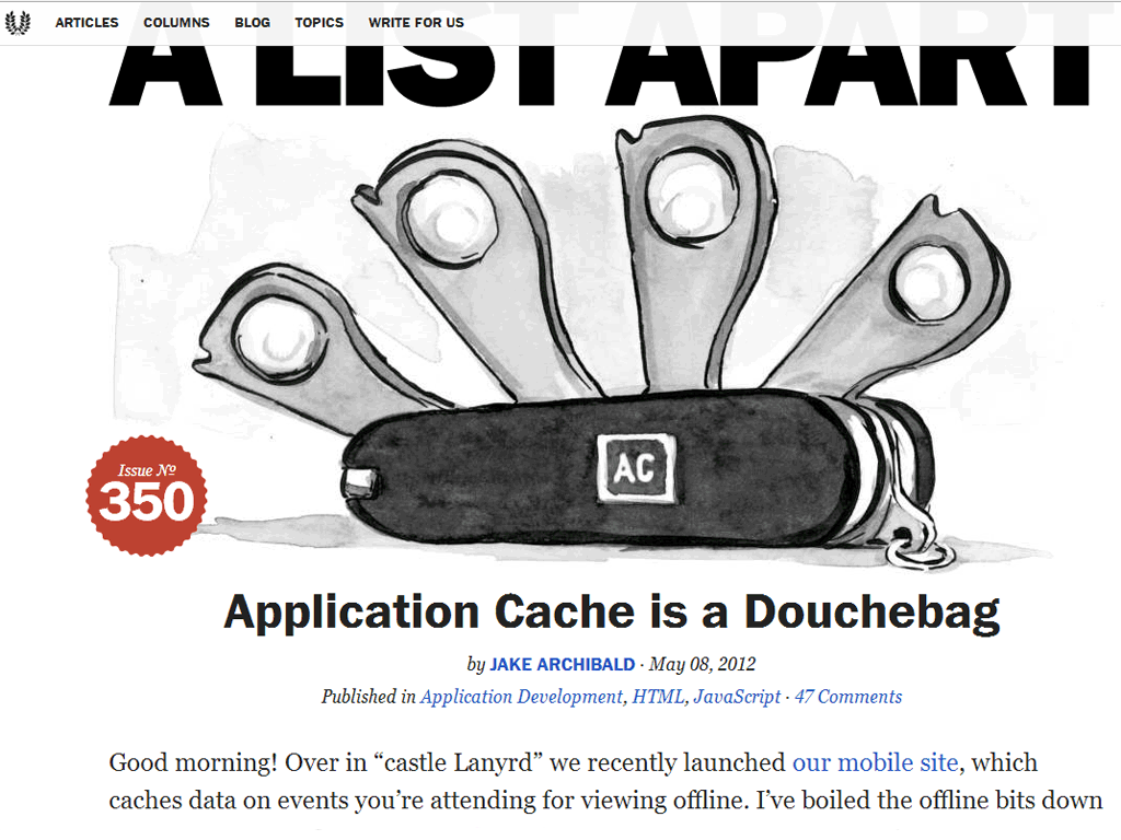 screenshot of Jake Archibald's A List Apart article 'appcache is a douchebag'