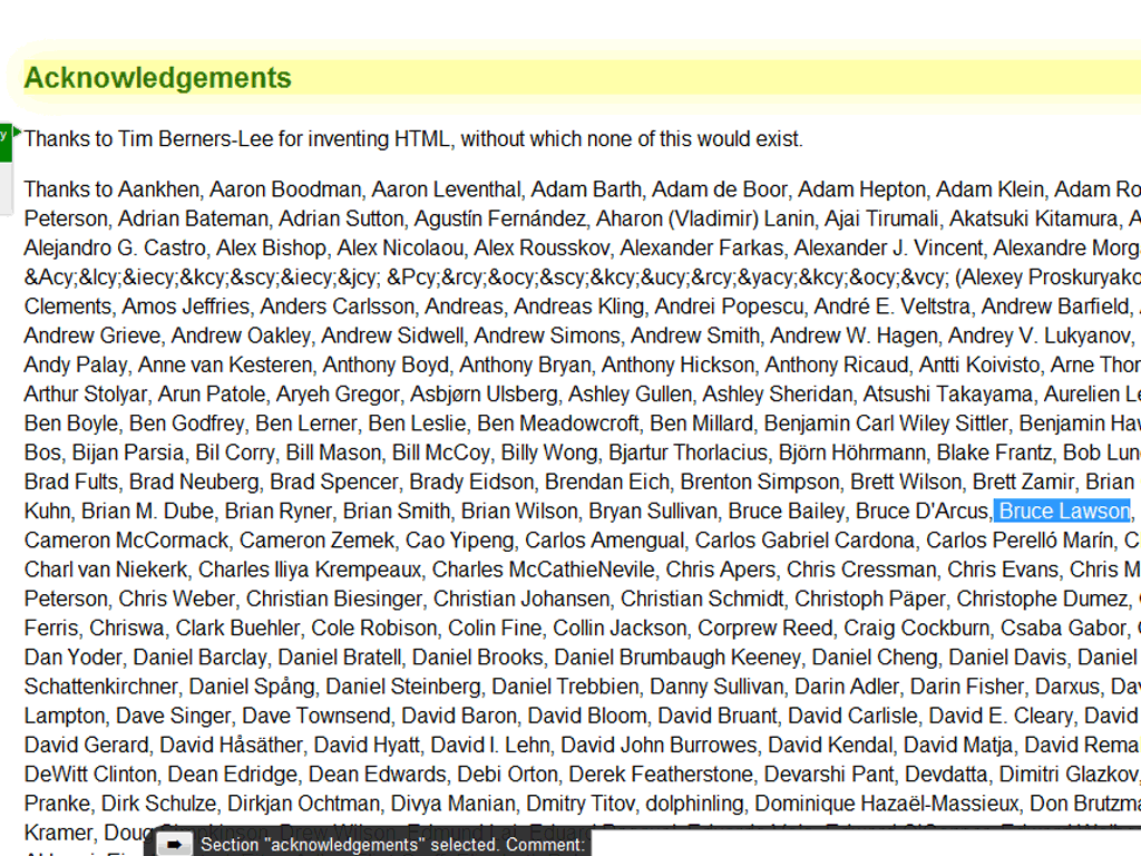 HTML5 acknowledgements page, 'Bruce Lawson' highlighted