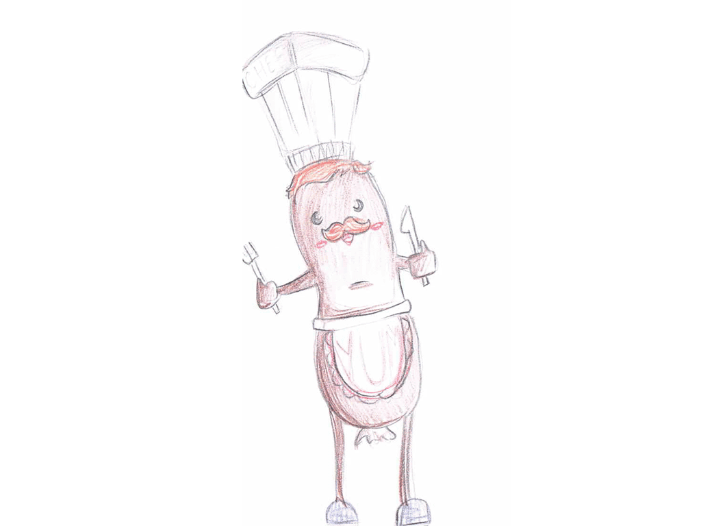 Line drawing of an anthropomorphic sausage in chef's hat, with knife and fork