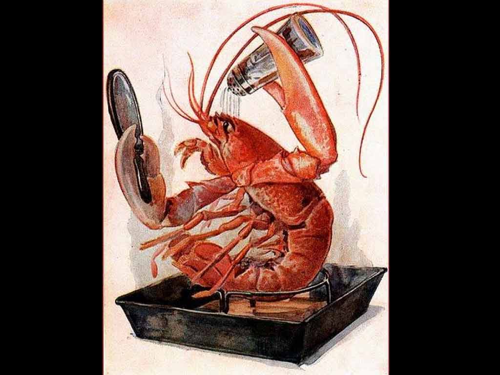 vintage advertisment of a lobster seasoning itself in a pan