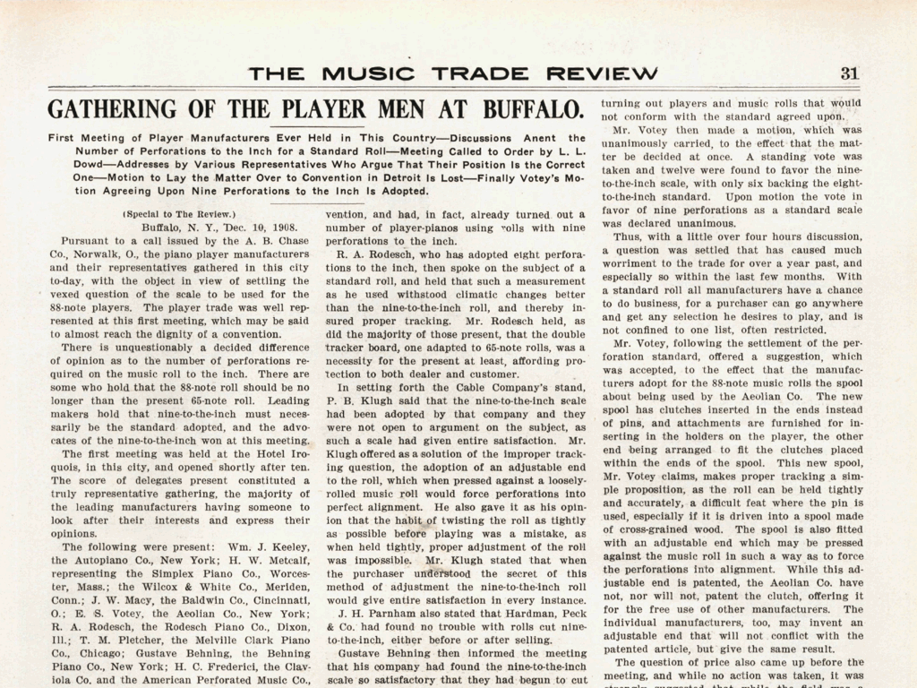 Page from 1908 'Music Trade Review', headlined 'Gathering of the Player Men at Buffalo'