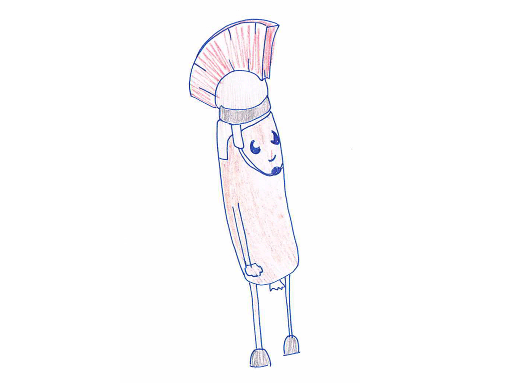 Line drawing of an anthropomorphic sausage dressed as a roman