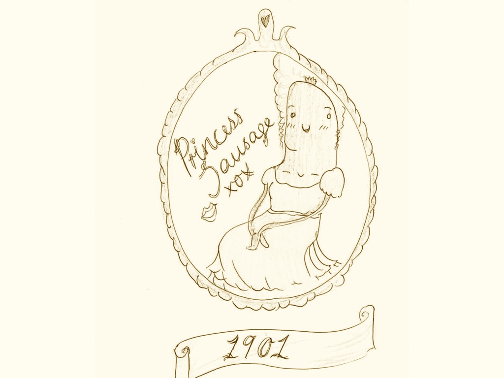 Line drawing of a sausage dressed as Queen Victoria