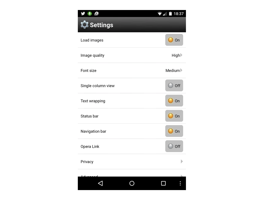 Opera Mini settings options (allows you to select image quality)