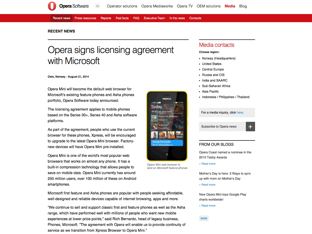 press release about Microsoft signing a deal with Opera to transition its users to Opera Mini