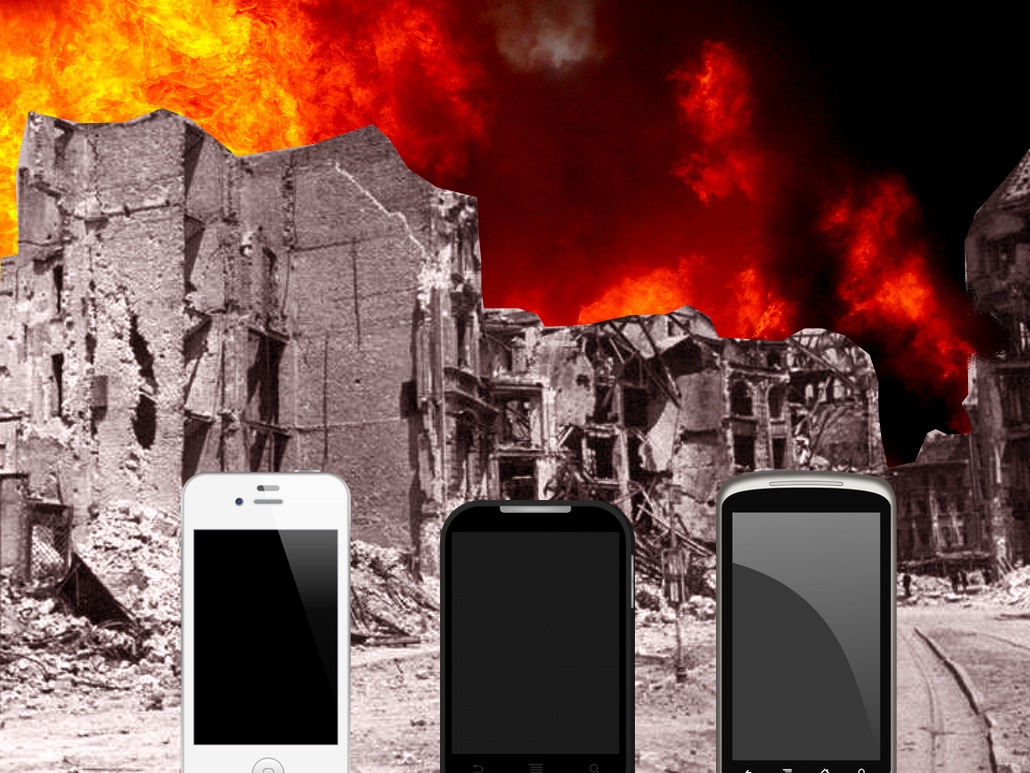 three smartphones in front of ruined cityscape