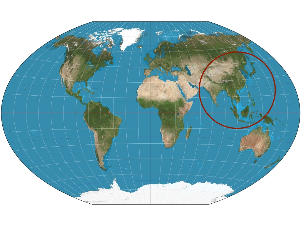 world map with a circle around China, India, S.E. Asia, Indonesia